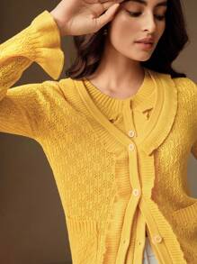 Anewsta 2件套女士套装 - 纯色喇叭袖纽扣开衫和无袖针织上衣 - 黃色 - 查看 4