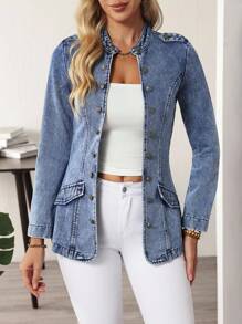 EMERY ROSE Women's Long Sleeve Single-Breasted Casual Versatile Denim Jacket Women Denim Jacket Blue Jean Jacket Acid Wash Denim Jacket Women Jean Blazer Denim Button Down Jacket - Blue - View 4