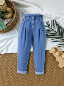 SHEIN Vintaside Kids Jeans skinny pour filles avec taille élastique évasée et poignets resserrés