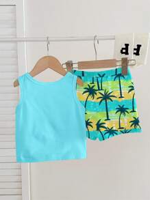 SHEIN Ținută casual minimalistă, moale și confortabilă pentru bebeluși băieți, potrivită pentru primăvară/vară, ținută de plajă pentru bebeluși băieți, ținută de vară pentru bebeluși băieți, ținută de vacanță pentru băieți, ținută de surf pentru băieți, haine de plajă pentru bebeluși băieți, îmbrăcăminte de plajă pentru bebeluși băieți