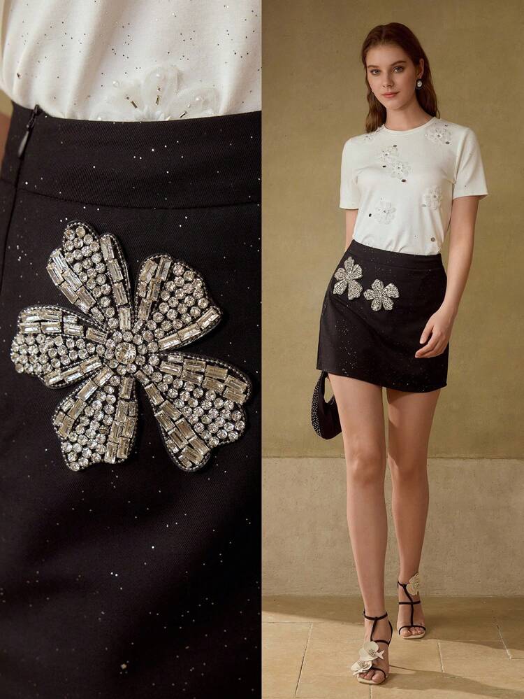 HEAVILY EMBELLISHED SPARKLING RHINESTONE 3D FLORAL EMBROIDERED SLIMMING A-LINE WOMEN'S SKIRT