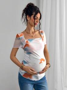 Momance Camiseta de maternidad de manga corta con cuello cuadrado, impresión digital y doble capa con plisado en el busto - Multicolor - Ver 3