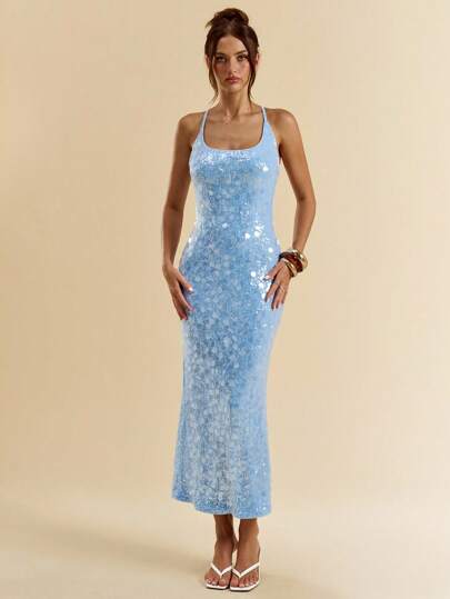 SHEIN BAE Summer Sexy Gorgeous Mint Green Sequins Boho Beach Vacationconcert Outfit Women Halter Neck Summer Dress,Summer Outfits For Women,Club Outfits Women Sexy,Sparkle Vacation Dress, Party Dress