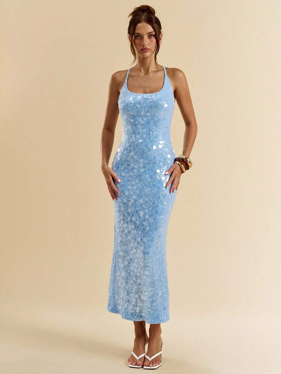 SHEIN BAE 夏季性感华丽薄荷绿亮片波西米亚风海滩度假演唱会服装女式露背夏季连衣裙，女士夏季服装，女士性感俱乐部服装，闪亮度假连衣裙，派对连衣裙 - 淺藍色 - 查看 1