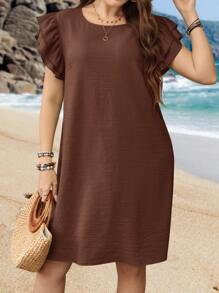 EMERY ROSE Damen Große Größen Sommer Einfarbig Flügelärmel gerades Lässig Kleid