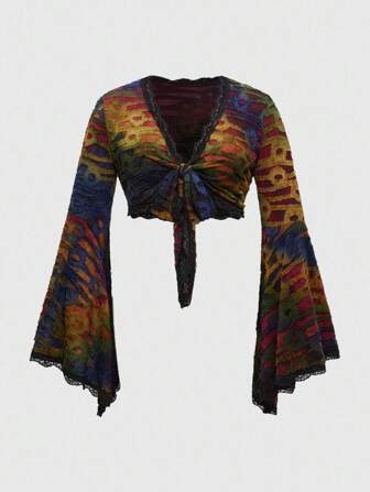Goth Plus Size Vintage Jacquard Flared Sleeve Lace Trim Casual Cropped Women Top