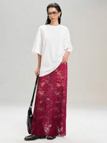 LYSMO 2025年新款女式花卉蕾丝长款时尚透明中长裙 - 酒紅色 - 查看 6