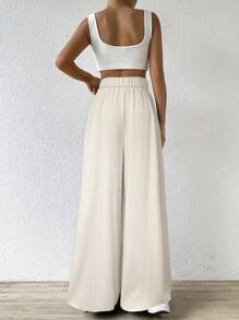 SHEIN EZwear 女士休闲褶皱阔腿杏色西装裤 - 杏色 - 查看 2