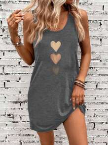 SHEIN LUNE Casual Heart Pattern Camisole Dress, Suitable For Summer Suitable For Going Out - Dark Grey - View 1
