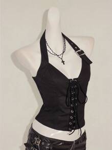 SHEIN ICON 女式夏季性感街头风格简约纯色系带露背背心秋季女装