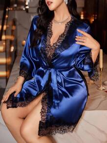 SilkySpell Áo choàng ren satin gợi cảm cỡ lớn màu tương phản, ren lưng, mùa thu, mùa đông - Xanh đậm - Xem 3