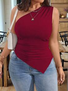 EMERY ROSE 大码女式休闲纯色不对称领口修身衬衫 - 酒紅色 - 查看 4