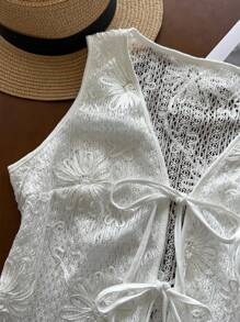 SHEIN LUNE Parte superior de punto de mujer con textura de jacquard floral 3D de unicolor, básica para uso diario y al aire libre, para combinar, para salir, para el aeropuerto, camisetas divertidas, vacaciones en la playa, linda - Blanco - Ver 5