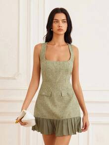 GENKIRA French Retro Elegant Slimming Square Neck Waisted Mini Dress, Pockets, Ruffle Hem, Luxury Chiffon, Women - Green - View 7
