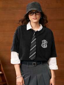 HARRY POTTER X SHEIN 女士休闲街头风格宽松动物和字母印花落肩水洗 T 恤，不含领带衬衫 - 黑色 - 查看 2
