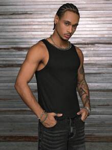 AXEPEAK 男式纯色铆钉装饰罗纹圆领黑色背心