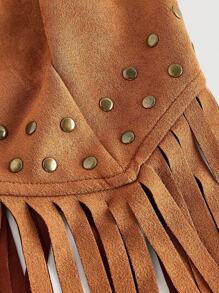 SHEIN MOD 70年代复古棕色麂皮流苏上衣，饰有金属配件，非常适合女性度假、乡村风格、海滩之旅、约会、节日、西部风情和波西米亚风格。 - 咖啡棕 - 查看 3