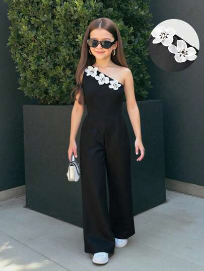 Mommy & Me 女童连体裤套装，单肩上衣和连体裤，正面大花朵装饰，黑色连体裤，休闲舒适，3D 大花朵，合身舒适，适合日常穿着、派对、度假