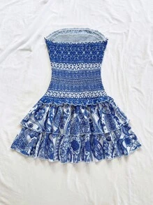 Soleia 女式合身喇叭腰 A 字连衣裙，多层荷叶边下摆，蓝色花卉印花抹胸 - 藍白色 - 查看 2