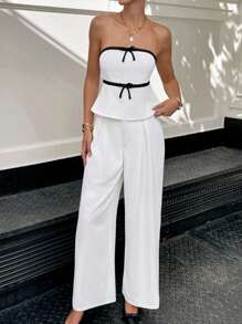 Siren Gaze Business Casual Woman Old Money Style Back To School Teacher Outfits For Women Winter Clothes For Women Autumn Clothes White Set Black Bow Tube Top Vest White Trousers Suit Commuting Leisure Women 2pcs Set Elegant Contrast Color Trim Bow Decor Camisole And Pants, Summer White