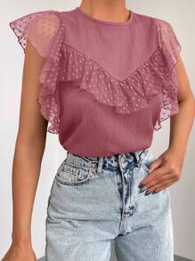 EURMUSE Women's Polka Dot Mesh Panel Ruffle Trim Short Cap Sleeve Fashion Blouse - Dusty Pink - View 4