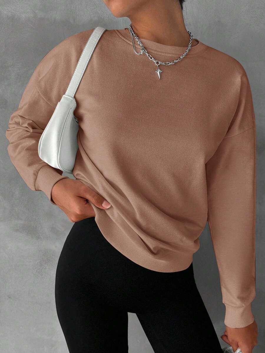 EURMUSE Cotton Solid Drop Shoulder Sweatshirt - Mocha Brown - View 1