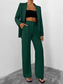 EURMUSE 女士纯色披肩领长袖西装外套和裤子休闲套装