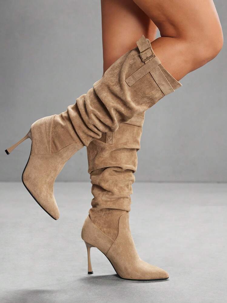 CUCCOO SZL Botas Altas da Coxa de Camurça Sintética Cor de Damasco com Saltos Altos da Moda para Mulheres - Castanho - Visão 6