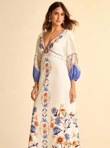 CAJUNI 女式波西米亚风热带植物与花卉印花蓝黄假日休闲镂空后背长袖长裙 - 彩色 - 查看 5