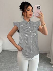 Elenzga Standard Size Women's Shirt With Collar, Butterfly Sleeves, Striped Elements, Embellished With Beading, Casual Shirt