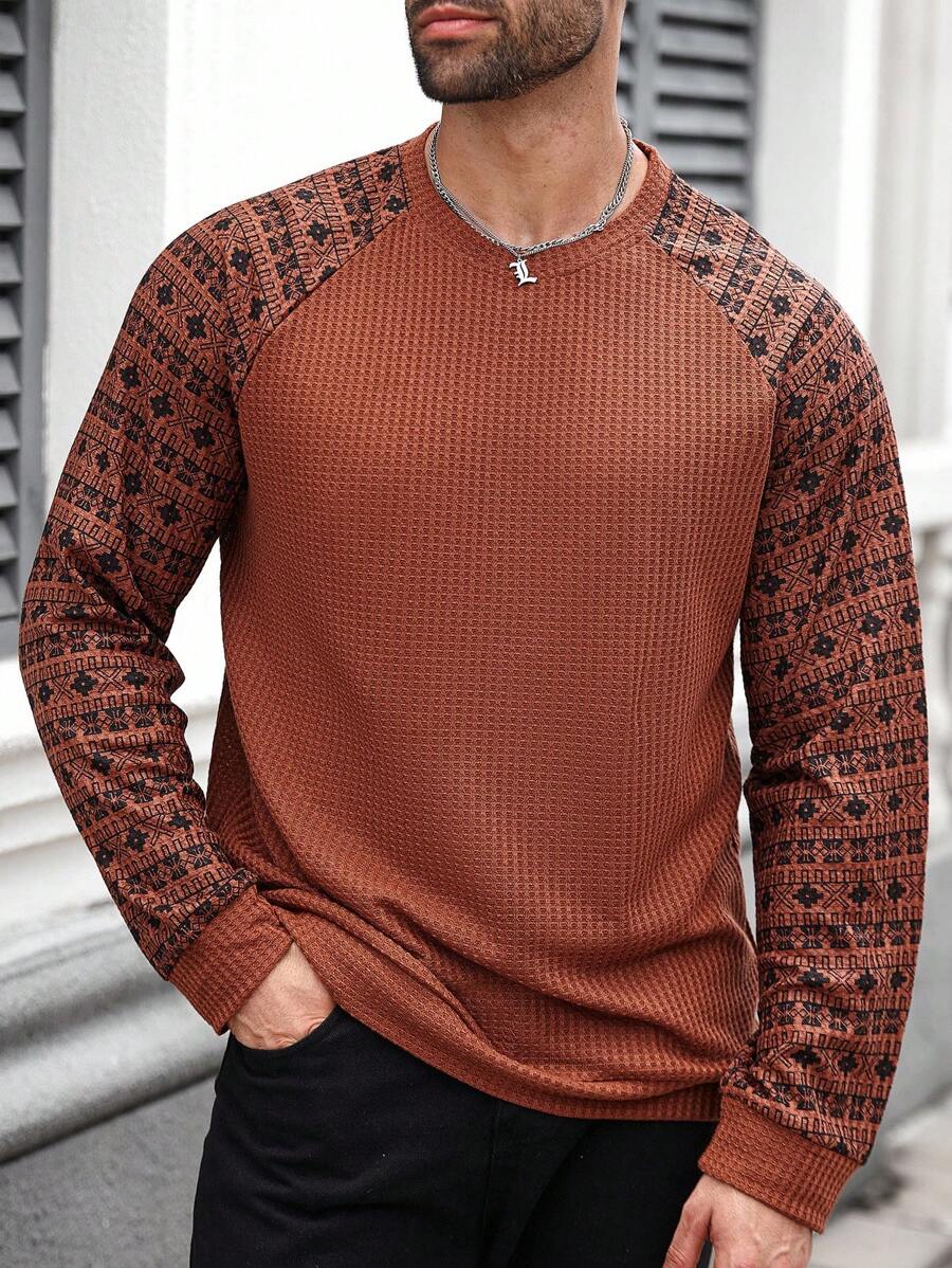 Manfinity Homme Plus Size Men's Casual Numeric & Letter Print Round Neck Short Sleeve T-Shirt, Men's Graphic Sweaters Brown And Orange, Men's Textured Long Sleeves, Fall Men's Tops Long Sleeve Coffee Brown, Mens Clothes Long Sleeve - Coffee Brown - View 1