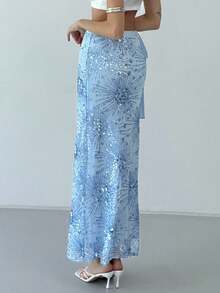 Aloruh Váy chữ A đính sequin ngọt ngào và cay nồng phong cách mới, váy dự tiệc lễ hội cạp cao đa năng - Màu xanh lam - Xem 2