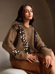 Anewsta Áo len cổ tròn thêu sequin thời trang cao cấp kiểu Pháp cổ điển, thu/đông - Màu nâu  Mocha - Xem 6