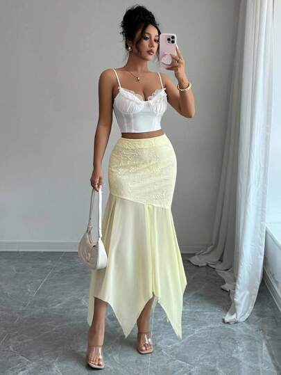 Elenzga Falda de mujer de estilo francés amarillo suave con panel de malla, diseño elegante para vacaciones en la playa, primavera/verano