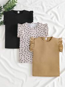 SHEIN 3 件套青少年女孩可爱休闲纯色背心，带心形印花和荷叶边，适合度假、夏季、旅行 - 彩色 - 查看 7