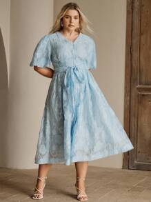 Anewsta Vestido de mujer de talla grande elegante con mangas abullonadas y lazo a la cintura en color azul fresco