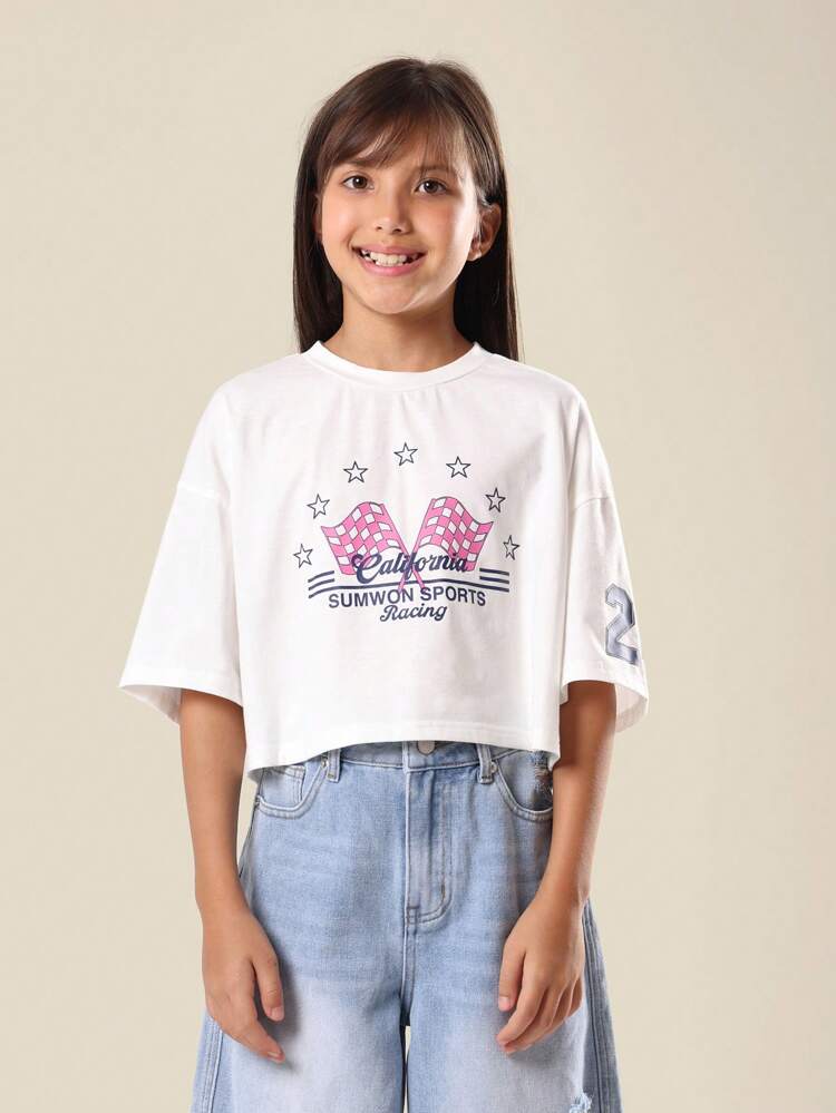 Tween Girls Crop T-Shirt With Varsity Retro Motor Star Graphics
