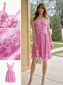 MOTF PREMIUM WOMEN'S SUMMER VACATION SCHIFFY APPLIQUES DECOR CAMI SHORT DRESS - Baby Pink - View 1