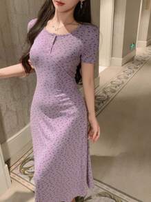 DAZY 女士长款碎花束腰针织睡袍 - 淡紫色 - 查看 5