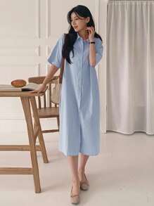 DAZY 女士宽松中长款短袖衬衫裙 夏季女装连衣裙 - 藍色 - 查看 6