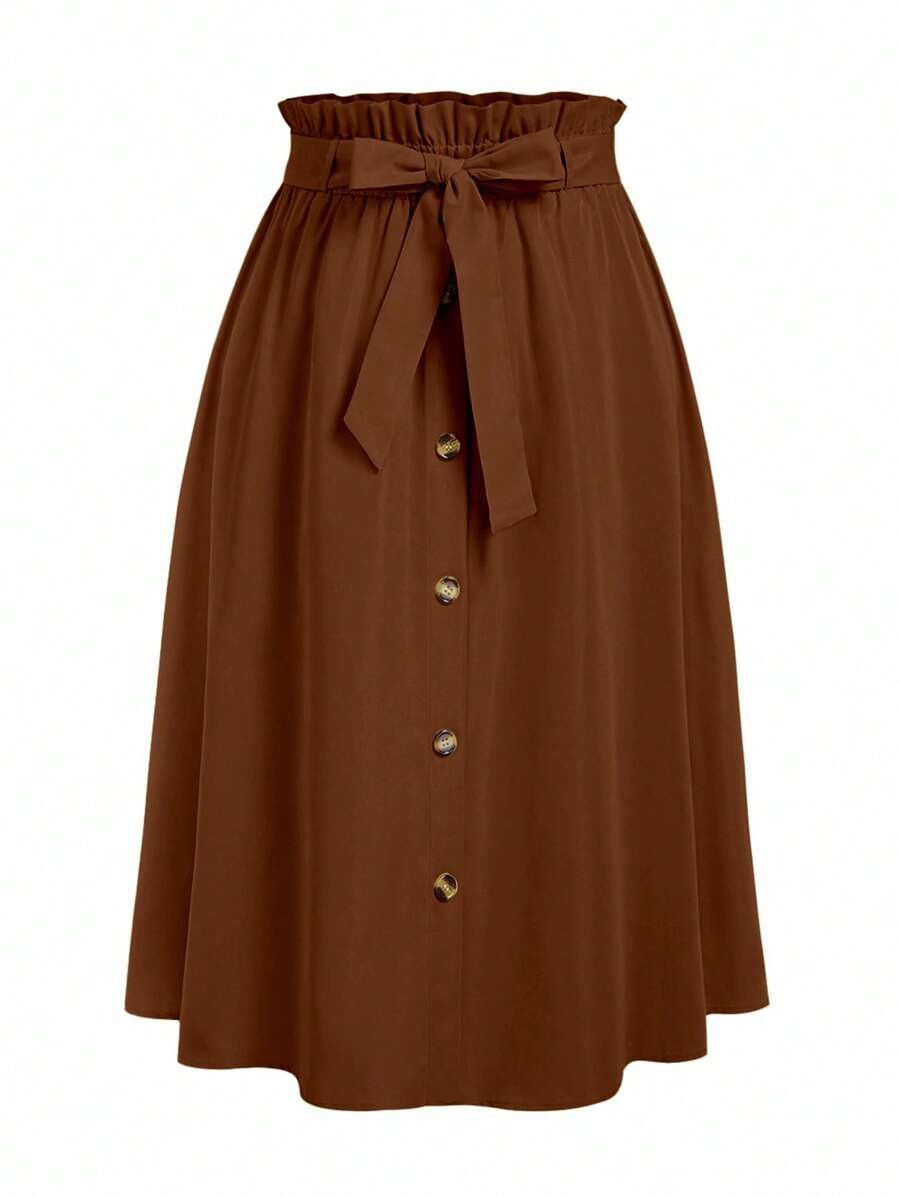 SHEIN Unity Plus Size Women Solid Color Waist Bow Decor Button Design Casual Skirt Fall - Brown - View 1
