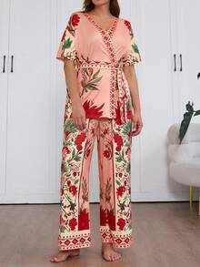 Serenescape Plus Size Women Tropical Plant Print Short Sleeve Top And Pants Pajama Set, Summer - Multicolor - View 5