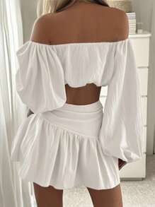 INAWLY 2件套时尚休闲性感度假女士露肩灯笼袖上衣和迷你裙套装 - 白色 - 查看 3
