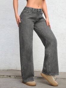 Jeanoix Quần Jeans Ống Thẳng Cài Nút Thời Trang Cỡ Lớn Y2K - Màu Xám nhạt - Xem 3