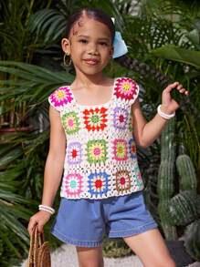 Young Girl Casual Floral Knit Cover Up Top, Suitable For Spring/Summer Vacation, Colorful Floral Pattern Knitted Shirts,Swimsuit For Summer Beach Vacation,Mom And Daughter & Sisters Matching Style Matching ,Matching Family Vacation , Holidays - Apricot - View 1