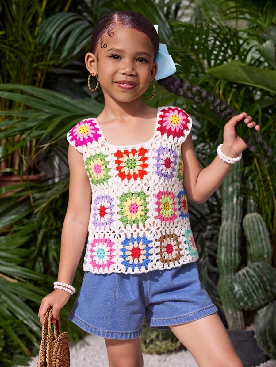 Young Girl Casual Floral Knit Cover Up Top, Suitable For Spring/Summer Vacation, Colorful Floral Pattern Knitted Shirts,Swimsuit For Summer Beach Vacation,Mom And Daughter & Sisters Matching Style Matching ,Matching Family Vacation , Holidays - Apricot - View 1