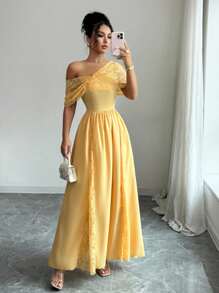 Elenzga 新款女士不对称领口镂空蕾丝拼接腰部抽绳下摆休闲优雅度假黄色连衣裙 - 黃色 - 查看 6