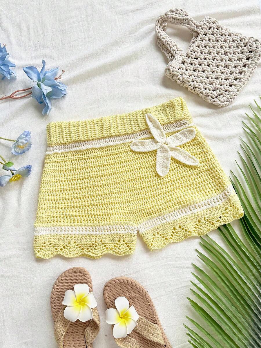 Soleia Quần short thường ngày dệt kim họa tiết hoa 3D dành cho nữ, màu be, mùa hè, ngày lễ - Màu Mù tạt vàng - Xem 1