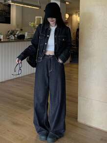 DAZY 韩版女式休闲衬衫和阔腿牛仔裤套装