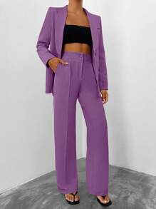 EURMUSE 女式纯色西装外套和裤子套装 - 紫丁香色 - 查看 4